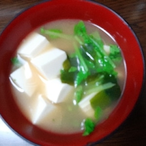 ダイコンの葉と豆腐とわかめの味噌汁